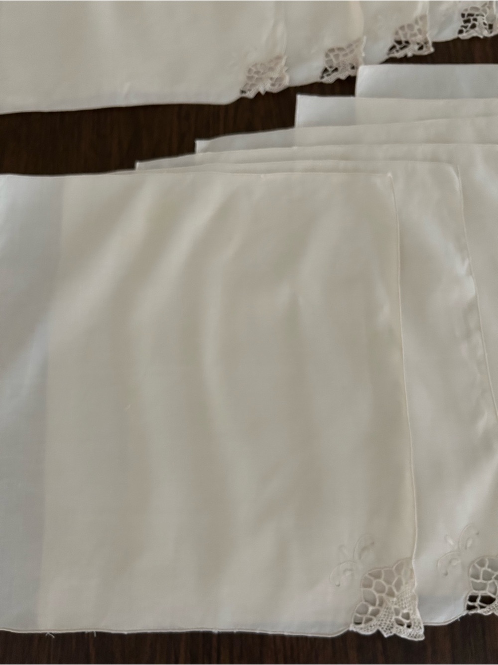 Vintage Linen Napkins Set of 12 Ecru Crochet Lace Corners Embroidered 16”